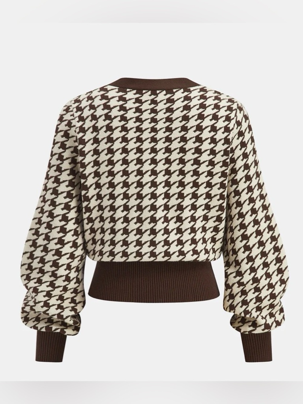 Commense Brown & Cream Houndstooth puff sleeve cropped knit Cardigan - Picture 2 of 9